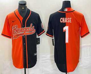 Mens Cincinnati Bengals #1 JaMarr Chase Orange Black Two Tone Cool Base Stitched Baseball Jersey